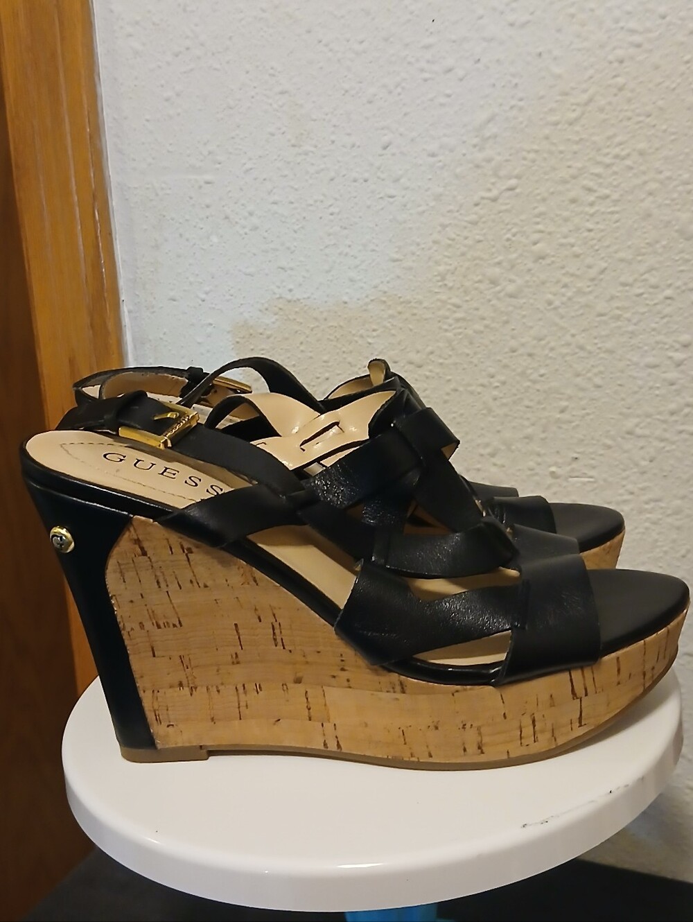 GUESS Black Strappy Cork Platform Wedge Sandals - Size 7M